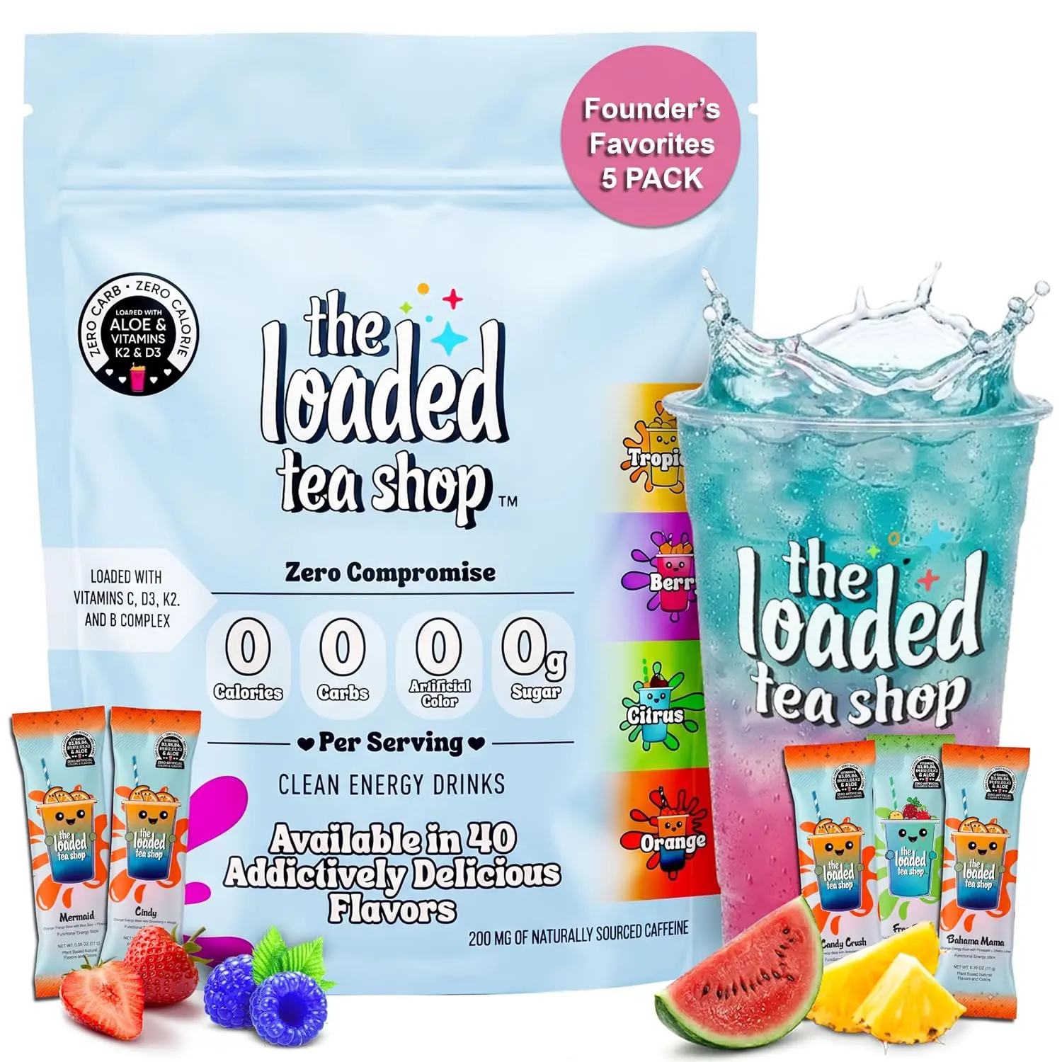The Loaded Tea Shop Sugar Free Energy Mix Sticks, 200mg Caffeine & B Vitamins Powder Packets, Founder's Favorites 5 Pack