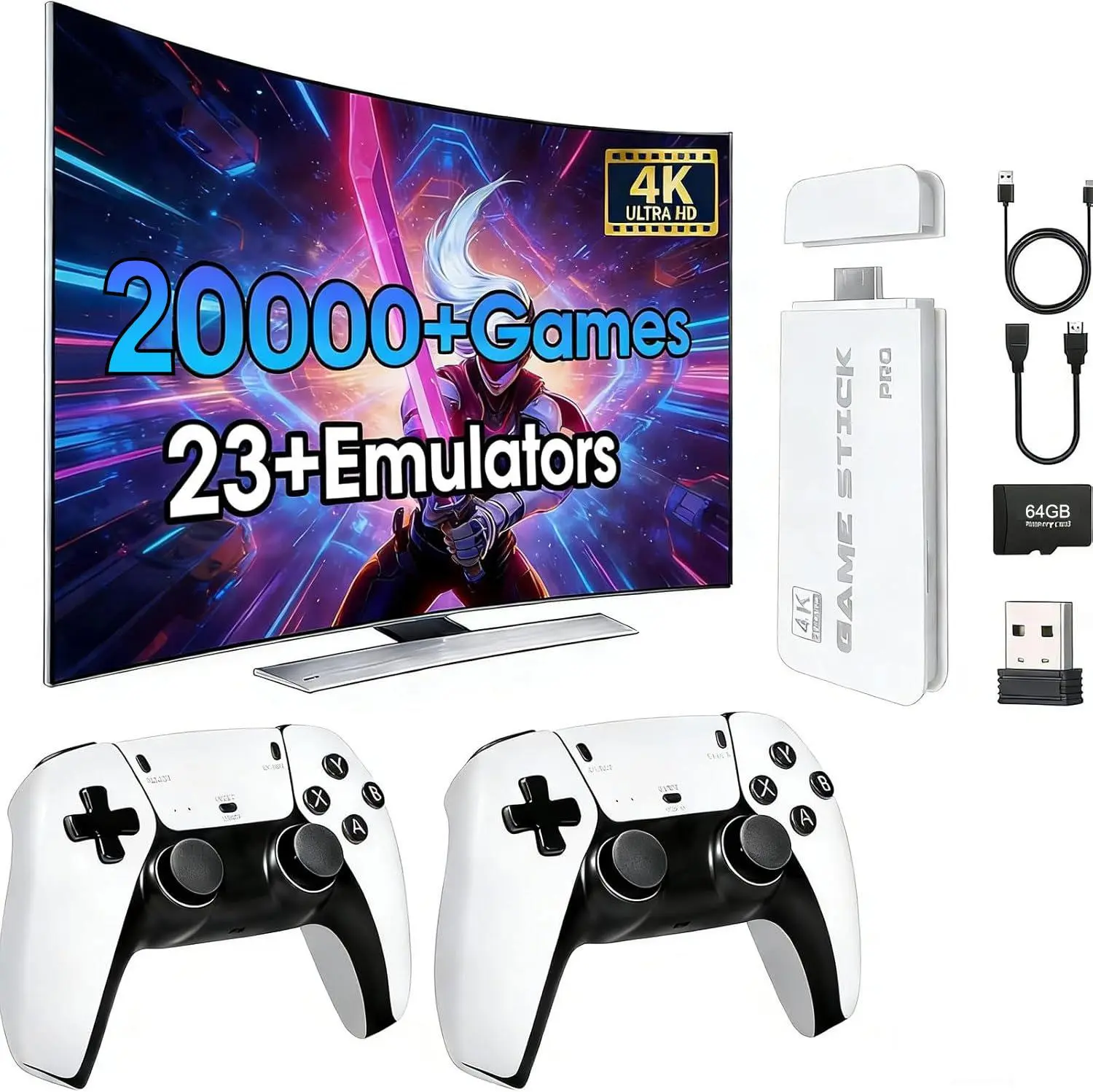 M15 Retro Game Console Stick, 64GB SD Card, 2 Wireless Controllers, Built-in Games & Emulators, 1080P HDMI Output, Portable Plug-and-Play Gaming Device for Smart TV & Projector