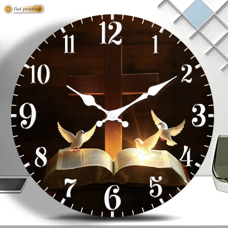 Religious cross pattern, featuring an open Bible and a dove, acrylic silent wall clock for home use - 2D flat print, suitable for decorating study rooms, classrooms, and offices, Easter, Ramadan, Valentine's Day gift (AA batteries not included)