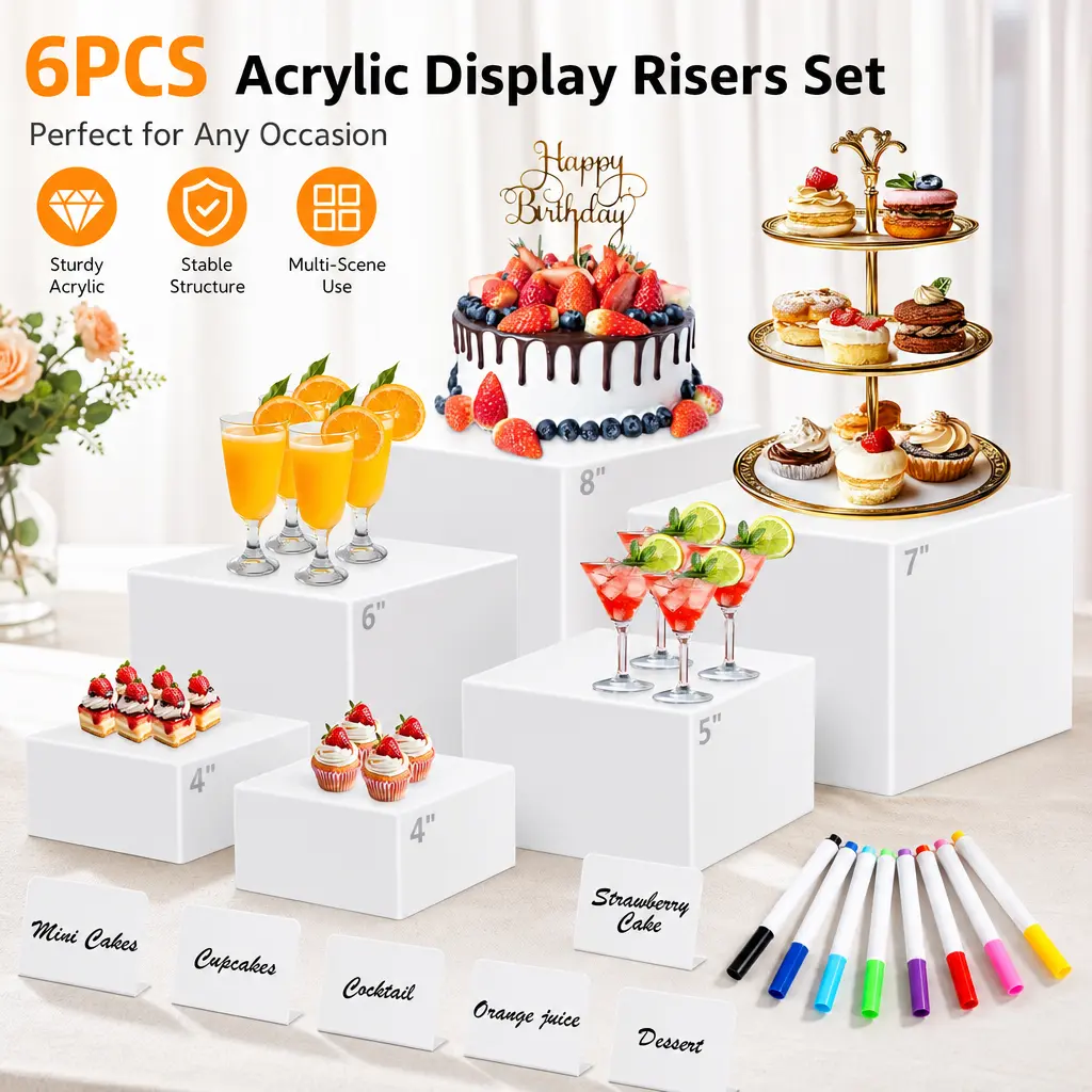 6-Pcs Modern Multi-Size White Acrylic Buffet Riser Set - Nesting Cube Boxes with Hollow Bottoms, Mini Signs & Marker Included, for Baby Shower, Retail Decor, Party Dessert Displays (8",7",6",5",4",4")