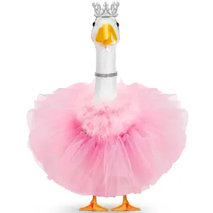 4 Pcs Princess Porch Goose Outfit for 23" 17" Cement Lawn Goose Costume Crown Necklace Tutu Skirt Feather Trim for Princess Outdoor Garden Lawn Art Decor