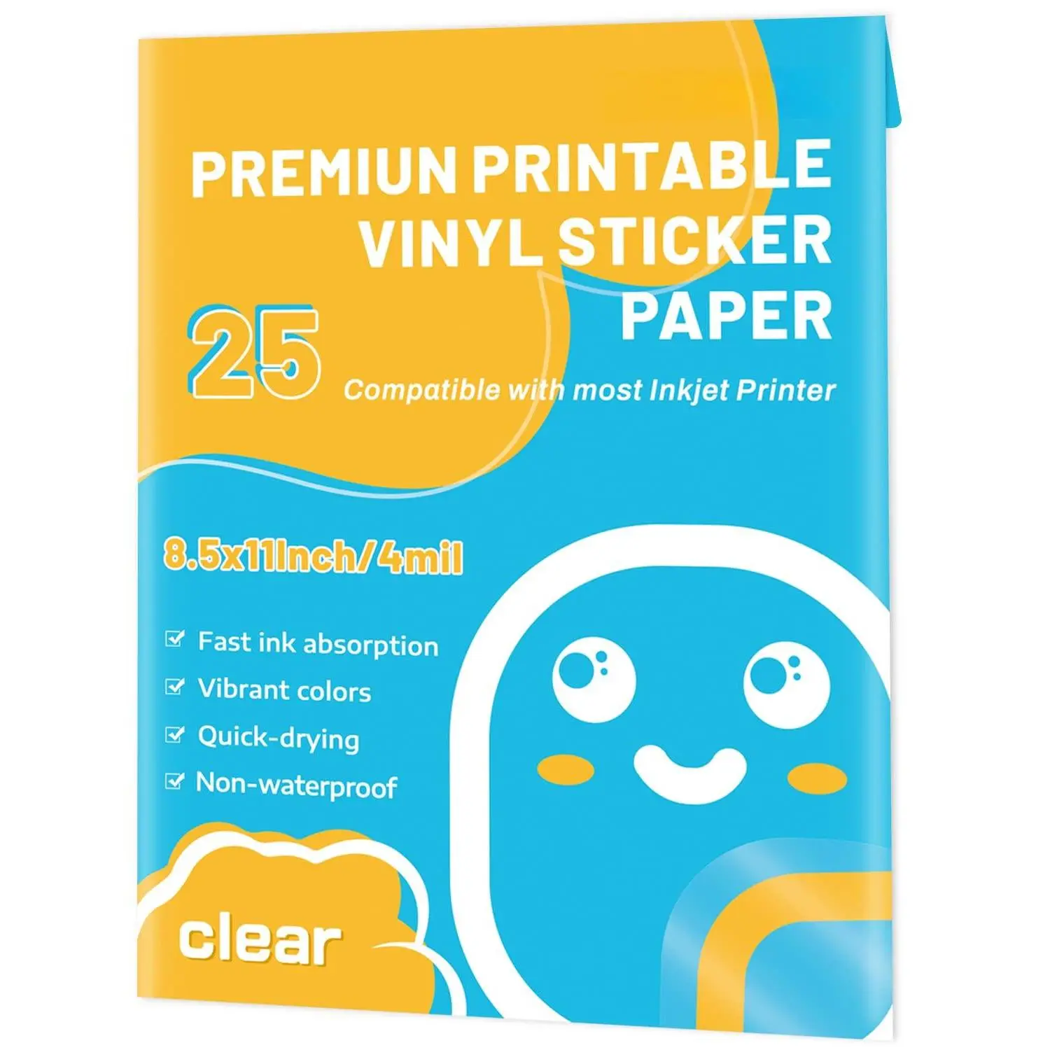Sticker Paper Clear Printable Vinyl For Inkjet Printer-25 Transparent Dry-quick Sheets Of 8.5''x11'' Decals And Labels Self-adhesive Non-waterproof Papers Resistance Bright Color Diy