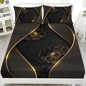 Bed sheet set - 3-piece set with 2D flat printing, black and gold floral pattern mattress protector, available in ten sizes (1*fitted sheet + 2*pillowcases, no filling included). Soft and comfortable bed linen, suitable for home bedrooms and guest rooms.