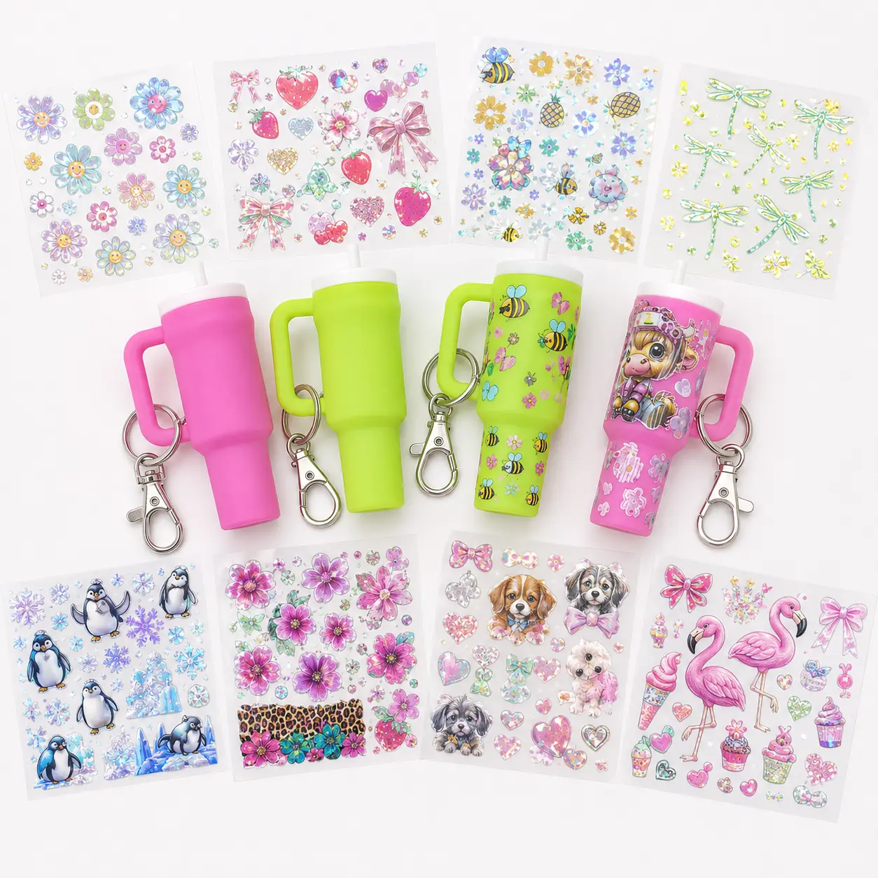 20pcs Aesthetic Keychain & Sticker Set, Cute Cartoon Luminous Mini Cup, Lightweight Kawaii Keychain Accessory, Cute Keychain Accessory