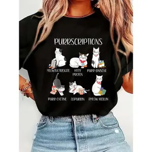 Funny Purrscriptions Pharmacy Cute Cat Pharmacist Technician T-Shirt - Unisex-Adults, Black, Small, Short Sleeve, T-Shirt Print T-Shirt Casual Crew Neck Short Sleeve Comfort Tee Top For Spring & Summer Women's Clothing
