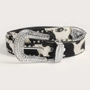 Cow Print Studded Belt with Rhinestone Buckle Street Style Punk Fashion Accessory for Waists 65-96 cm Perfect for Weddings Parties Beach Casual Sports Occasions teen girl gifts gifts for boyfriend belt