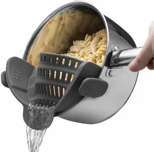 Gray Silicone Clip-On Pasta Strainer for Pots and Pans - Heat-Resistant Kitchenware Colander for Draining Vegetables, Noodles - Space-Saving Utility Utensils for Cooking