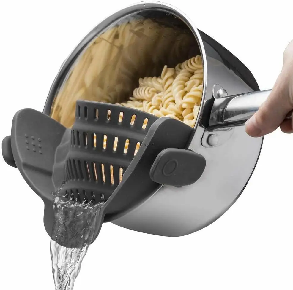 Gray Silicone Clip-On Pasta Strainer for Pots and Pans - Heat-Resistant Kitchenware Colander for Draining Vegetables, Noodles - Space-Saving Utility Utensils for Cooking
