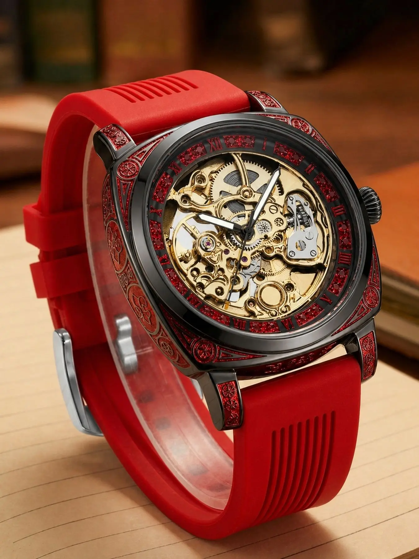 A men's red oil retro trend casual business engraved moon-phase hollowed-out fully automatic mechanical wristwatch Skeleton Watches