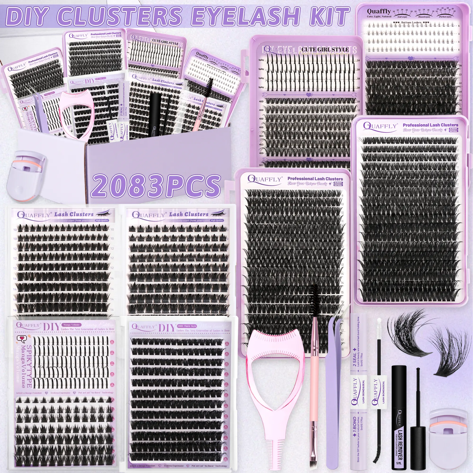 Lash Clusters Kit 2083Pcs With Spike and Bottom Lash DIY Individual Lashes Extension Kit Lash Bond&Seal Remover Tweezer Brush Mascara Shield Lash Curler For False Eyelash Cluster Kit At Home