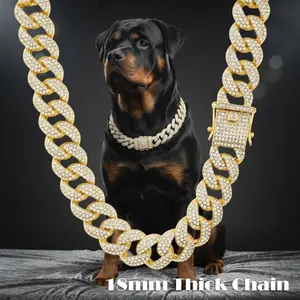 Big Dog Pet Collar Thick Heavy 18mm 18" 20" 24" Iced Cubic Zirconia Gold / Silver Plated Cuban Chain Necklace High Quality Polished.