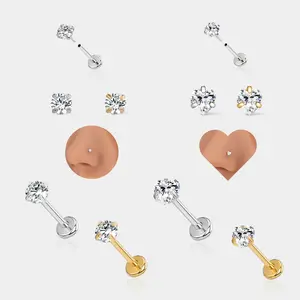 Oufer 20G Titanium Threadless Push Pin Flat Back Nostril  Nose Ear Helix Lobe Piercing Ring Bar Length 7mm In Heart Star Style