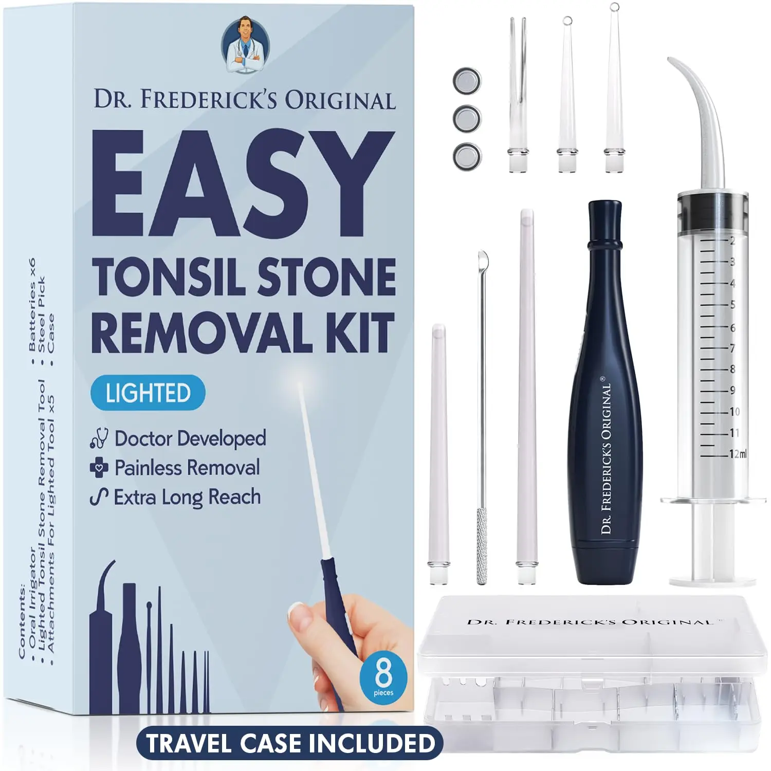 Dr. Frederick’s Original Easy Tonsil Stone Remover Kit - Fast Painless Tonsillolith Removal Tool - Fight Bad Breath - Pick and Oral Irrigator - 8 Pieces