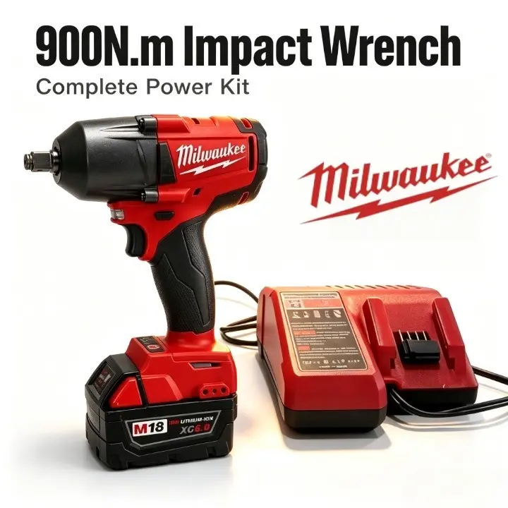 Milwaukee M18 Portable Heavy-Duty Impact Wrench Power Tool Kit, 1/2 Inch Square Drive, 900N.m Max Breakaway Torque, Adjustable 0-3200Ipm & 0-2800Rpm, For Farm Machinery And Off-Road Vehicle Repair, With battery and charger