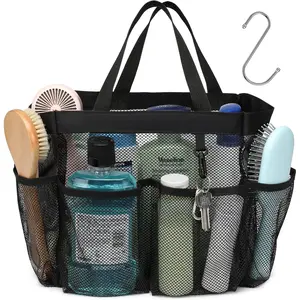 P-SBB023    Mesh Shower Caddy Portable, Upgrade Deeper 7 Pockets Shower Bag Basket Tote for College Dorm Room Toiletry Bathroom Essentials Gym Camp Quick Dry 2 handles with S Hook, Black