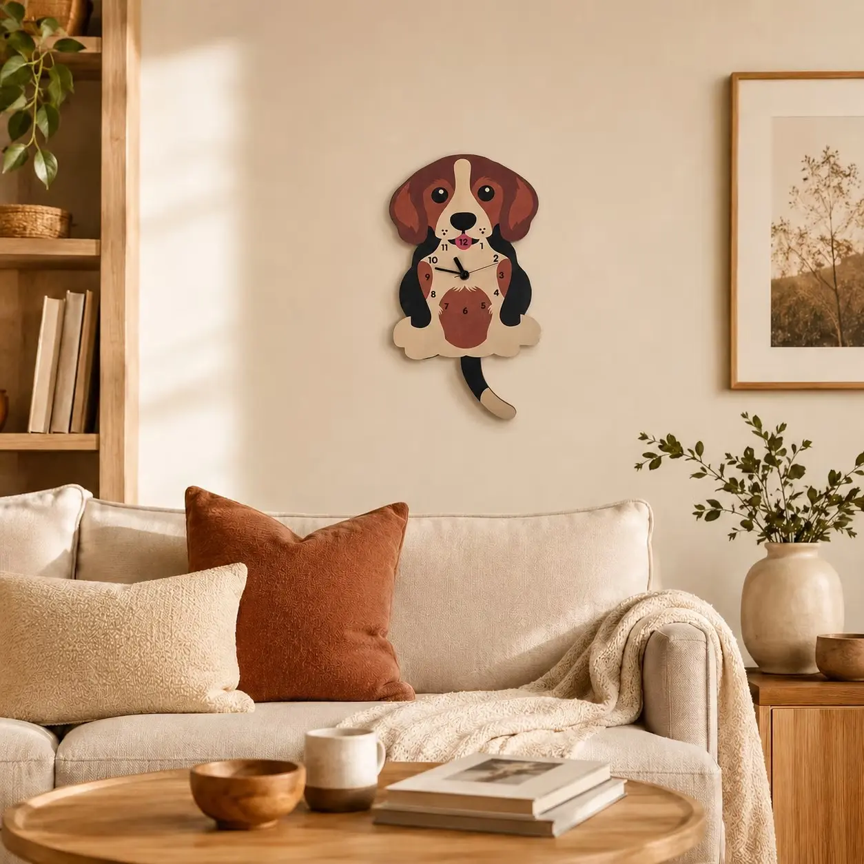 Adorable Beagle Wooden Pendulum Wall Clock, Silent Operation, Quiet Dog Shape Clock for Kids Room & Living Room, Gift for Dog Lovers