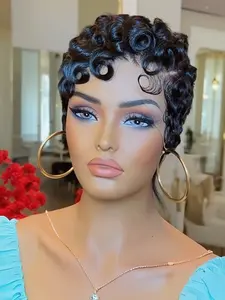 13x4 Lace Front Human Hair Wig for Women Short Layered Pixie Cut with Bangs ColorCurly Wavy Hair