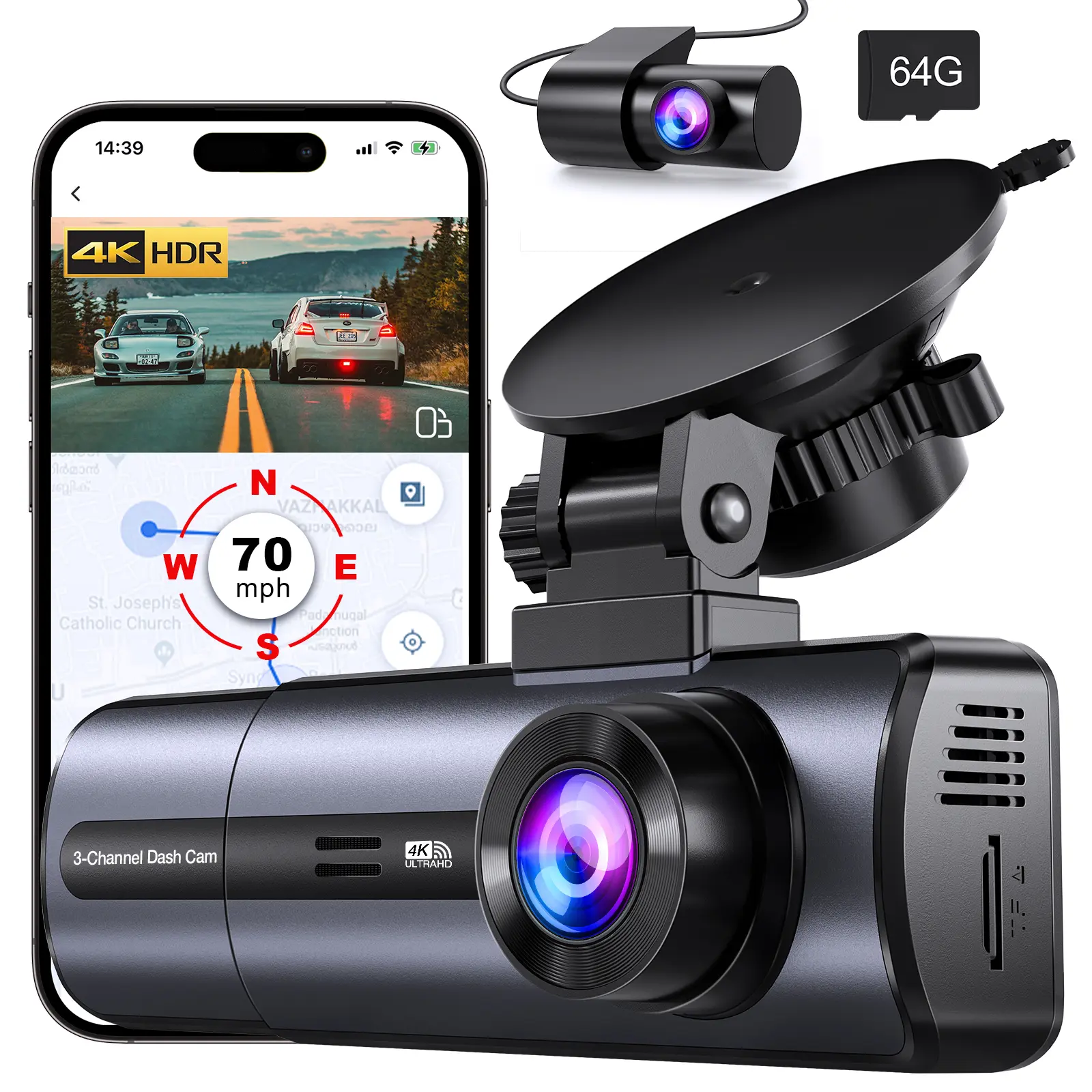 SASINON J10 3-Channel 4K Built-in 5G WiFi Dash Cam Full Set, 4K/2.5K+1080P Triple Front-Inside-Rear Cameras, 64GB SD Card, App Control, G-Sensor, 24Hr Parking Mode, Loop Record, Night Vision, 170° Front/120° Rear Views, Comprehensive Surveillance