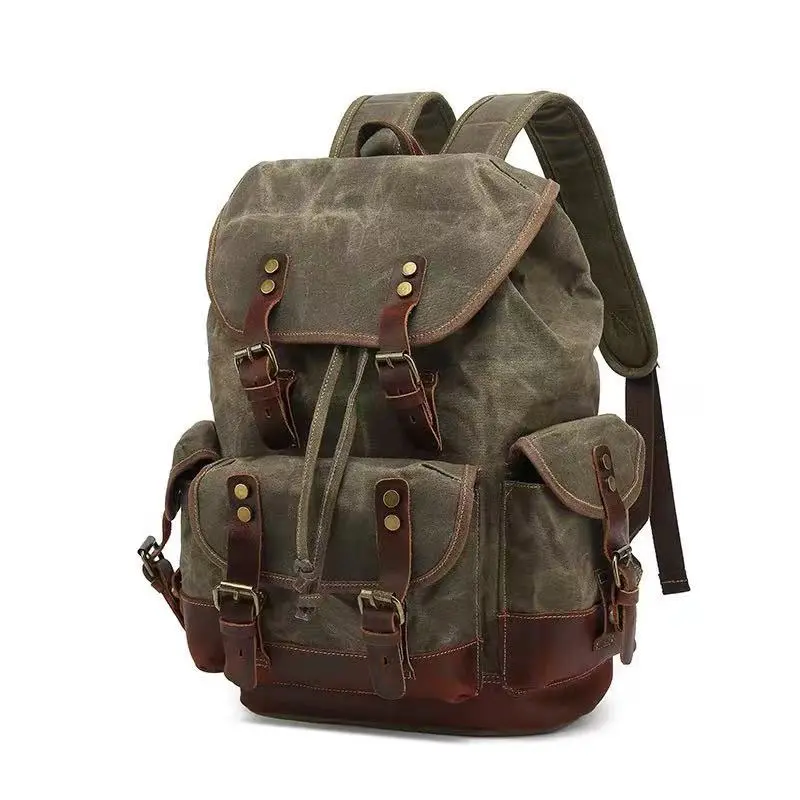 Vintage Hiking Trekking Rucksack, Durable Waxed Canvas & Leather Backpack, 22L Large Capacity Travel Bags with Magnetic Closure for Work & Commuting, Durable Backpack, 15.6-Inch Laptop, Casual Travel Bags, Carry-On, Vintagelook
