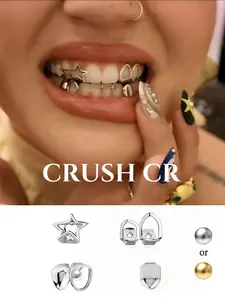 CRUSH CR Y2K Hollow Star & Fang Grillz for Men & Women, Gold/Silver Plated Teeth Caps, Aesthetic Dental Jewelry, Great for Alt Outfits, Festivals, Raves and Edgy Looks