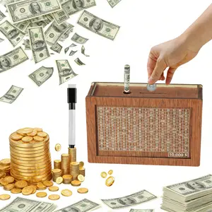 Wooden piggy bank, countdown savings box with target amount and numerical markings, allowing you to track your savings progress, includes an erasable pen (holds up to $10,000)