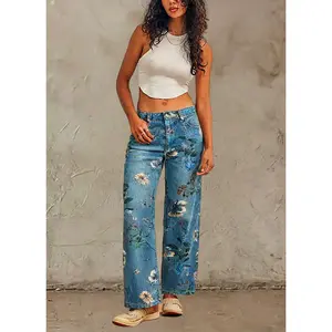 Women's Denim Jeans, Trendy High-Street American-Style, Loose Wide-Leg Printed Straight Bottoms