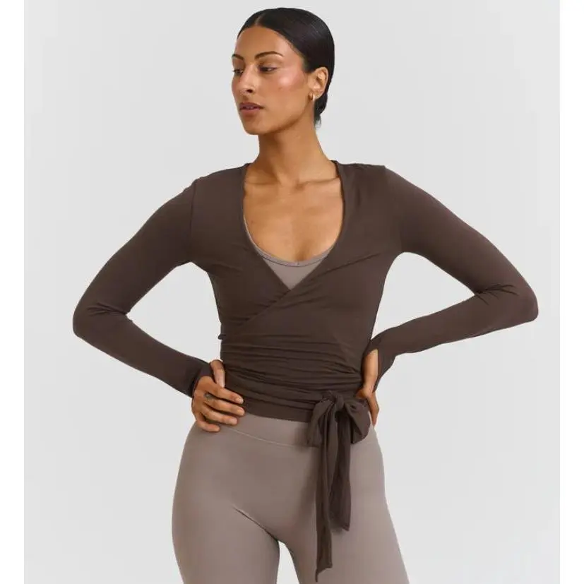 Women's Workout Tops, Solid Cropped Cut Long Sleeve Shirt with Cross Tie Wrap & Thumb Holes, Polyester Blend for Yoga & Ballet, Front Tie Wrap Blouses & Shirts, Womens Only Gym Clothing, Back Tie Detail Blouses & Shirts