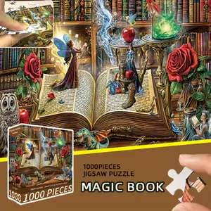 1000pcs Magical Books Jigsaw Puzzle - Magical World Enchanted Library with Open Books, Fairy, Owl, Flames & Magical Creatures - Extra Large 28x20 Inch Challenge Puzzle for Adults & Families Construction Perfect Gift for Book Lovers Christmas, Birthday