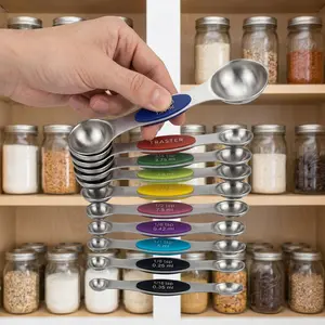 9Pcs Magnetic Measuring Spoons with Leveler, 430 Stainless Steel Double-Sided, Color Coded Stackable Kitchen Tools for Baking, Cooking, Dishwasher Safe