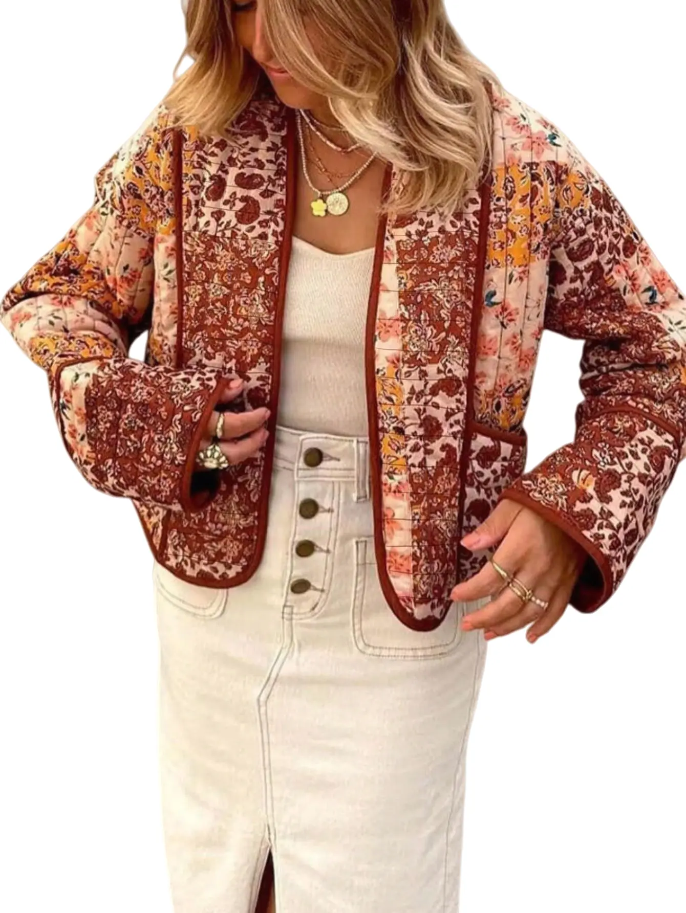 Boho Warm Tone Floral Patchwork Quilted Jacket | Casual Cropped Open-Front Light Padded Coat