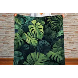 Sherpa Throw Blanket - Tropical Jungle Monstera Leaf Design Blue and Green -Soft Plush Throw Blanket