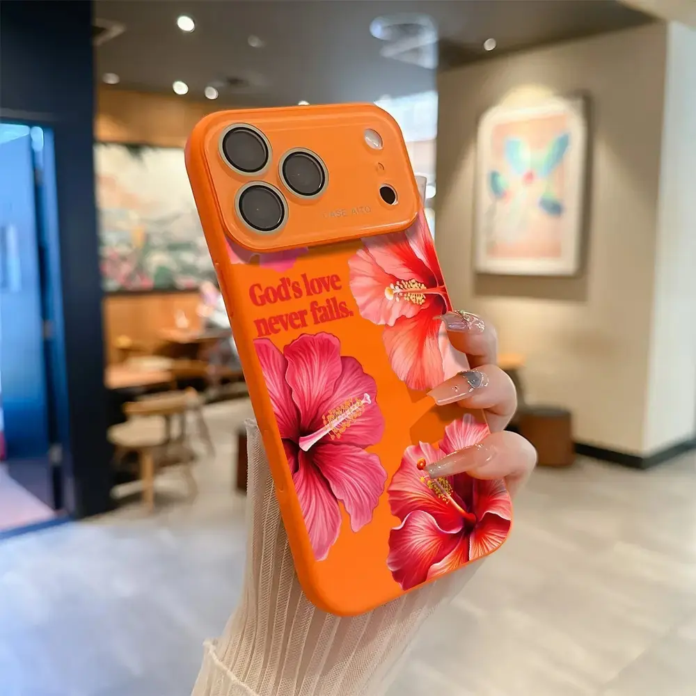 Hibiscus flower and GOD'S LOVE NEVER FAILS Dopamine Style Solid Color Phone Case with Ultra Skin friendly Touch, All Inclusive Lens Phone Case Suitable for Apple 17 16 15 14 13 12 PRO MAX AIR PLUS