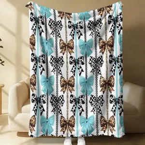 Leopard & Checkered Bow Print Flannel Throw Blanket, Coquette Turquoise Blue Ribbon Pattern Blanket for Summer Air Conditioner Room, Multi-use Lightweight Cozy Blanket for Bed Sofa Cover Office Nap Car Camping Travel