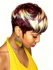 Short Human Hair Straight Pixie Cut Wig for Women 99J/613 Color