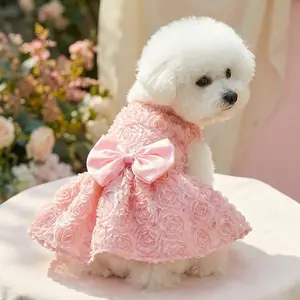 3D Rose Flower Pet Dress with Delicate Bow, Ideal for Poodle, Puppy Clothes, Small to Medium Dogs and Cats, Perfect for Daily Wear and Parties