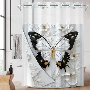 1PC/4PCS 2D Flat Printing Happy Spring White Butterfly Flowers Patterned shower curtain, home bathroom decor, shower curtain set with 12 hooks, non-slip bathroom rug, U-shaped toilet seat cover, toilet seat mat.
