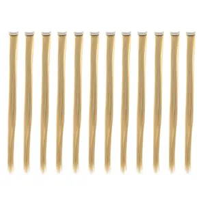 12 count Straight One Color Party Highlights Clip on in Hair Extensions Colored Hair Streak Synthetic Hairpieces (Beige Blonde)