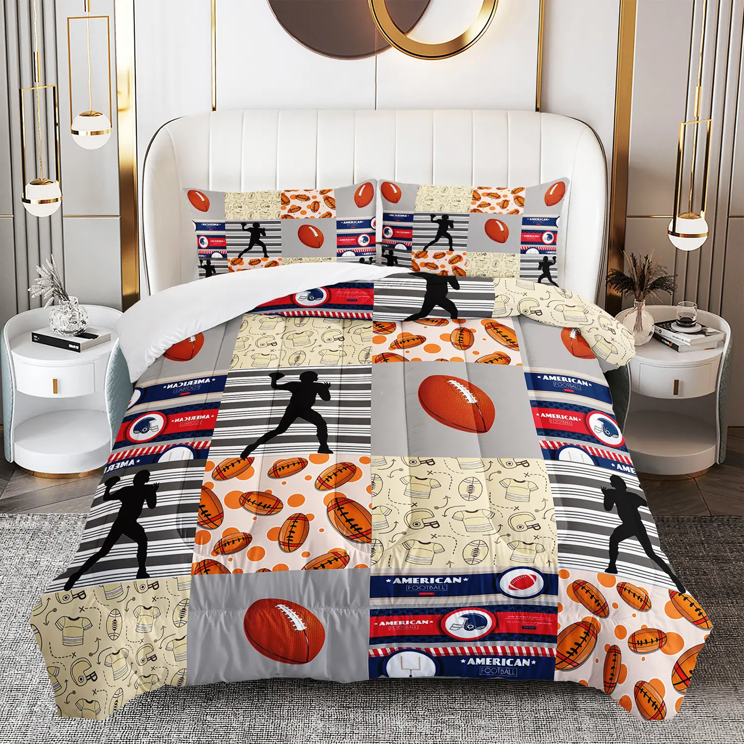 3pcs Queen Size Sports Theme Football Print Microfibre Duvet Set - Quilt Bedding Set with 2 Pillowcases, Breathable Lightweight Soft Warm All-Seasons Bedding, Machine Washable, Smooth Texture, Girls’ Bedroom Decor, Guest Room Use, Family Gift, Comforter Q