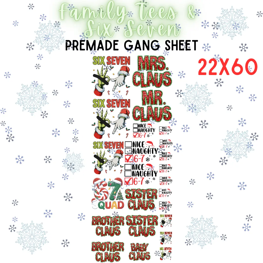 Pro Blanks Family Christmas Tees & 6-7 Pre-Made DTF Gang Sheets, 22x60 in DTF Sheets for Vibrant Prints, Multi-Colors, Any Fabric