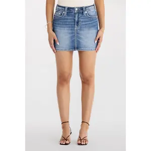 MissMe Serenity Mini Skirt - Womenswear Y2K Inspired Mid-Rise Denim Mini with Leg-Lengthening Fit, Vintage Wash & Clean Baddie Hot Girl Summer Energy