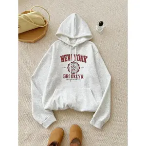 Women’s letter-print thermal-lined hoodie, casual long-sleeve hooded sweatshirt for fall and winter, women’s everyday wear, casual fashion sweatshirt