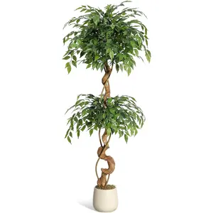 Ficus Artificial Tree with Curved Trunk，5 Feet Faux Plant Fake Silk Trees with White Pot, Fake Ficus Tree for Home Decor