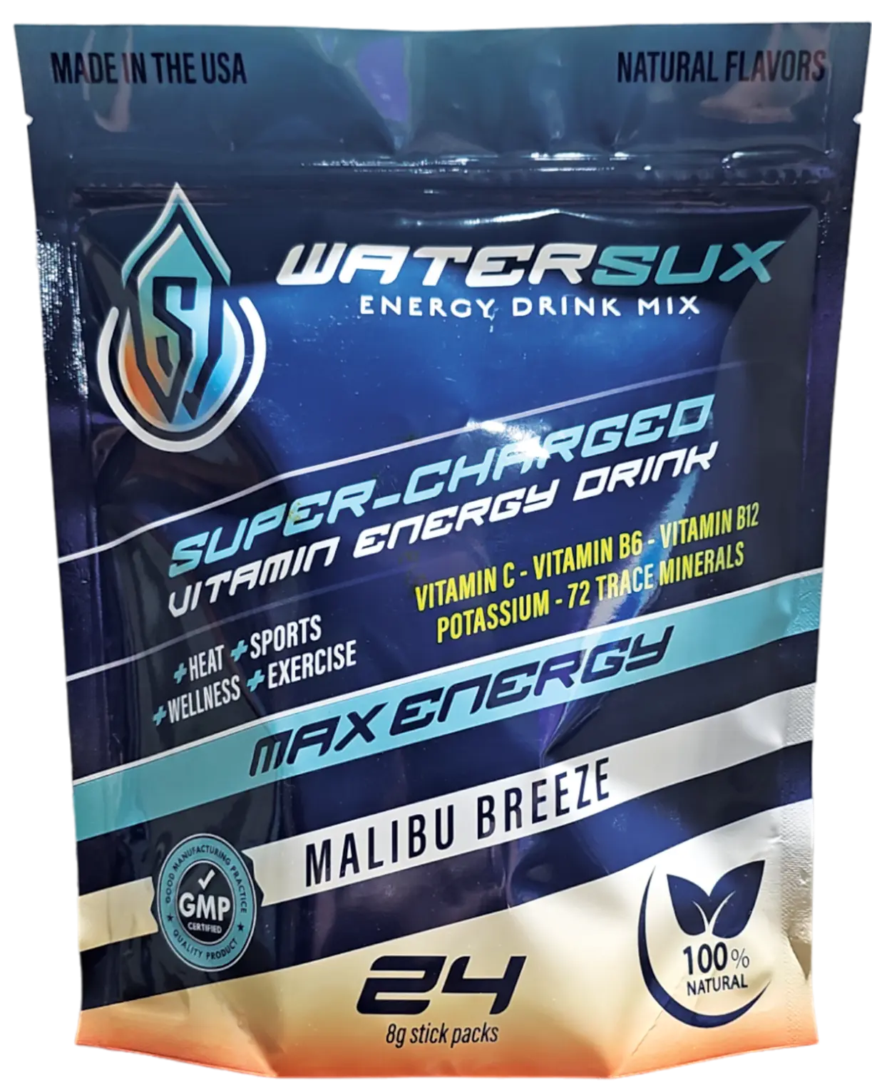 Water Sux Malibu Breeze Powdered Energy Drink Mix ,Vitamin Charged Great Tasting, Natural Caffeine