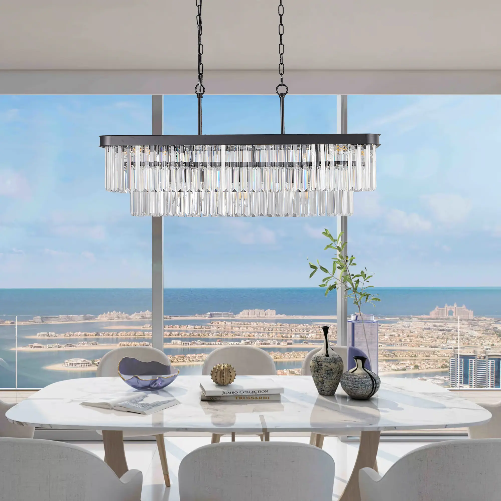 33.5in Contemporary Luxury Crystal Pendant Chandelier - Ambient Dimmable LED Ceiling Lighting, Height-Adjustable Decorative Incandescent Home Decoration Lamp for Kitchen Island, Dining Table (With LED Bulbs), Indoor Light, Decorative Lights