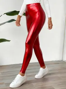 Spring Autumn New Solid Color Shiny Tight Fitting Slim Bottoms Fitness Leggings, Home Wear, Sports, Casual, Natural Waist, Long Regular Fit
