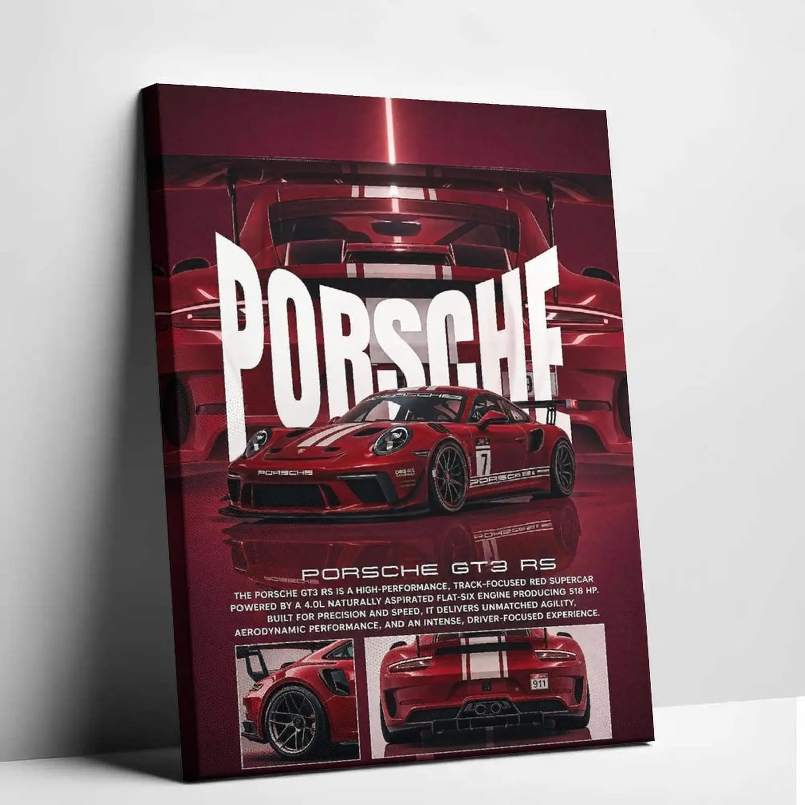 Modern Crimson Racing Car GT3RS Canvas Wall Art Vintage Sports Car Poster Prints Naturally Aspirated Track Vehicle Photo Collage Artwork Living Room Garage Man Cave Decor Picture Workspace