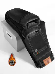 Men's Fleece Lined Denim Jeans, Loose Straight Leg Long Pants, Warm Cotton Elastic Autumn Winter Fashion, Versatile Casual Wear, Denim Clothing