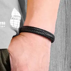 Leather Bracelet for Men Braided Cuff Wristband Stainless Steel Clasp in Silver and Gold Jewellery Gift Accessories Men's Cuff Bracelets Bangle