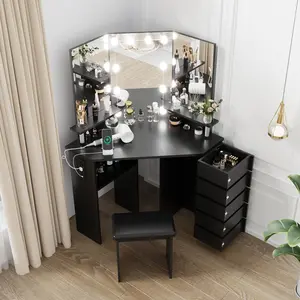 【GARVEE】Corner Makeup Vanity Desk with Lights & Power Outlet - Spacious Tri-Folding Mirror, Adjustable Brightness, 5 Rotating Drawers, Ample Storage, Stool Included