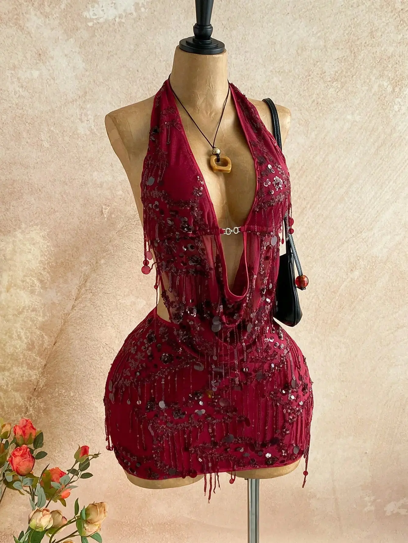 Women's 2pcs Fitted Sequin Fringe Set Drape Neck Cowl Camisole and Mini Skirt Two Piece Outfit for Music Festival Rave Party Club Night Out Sparkle